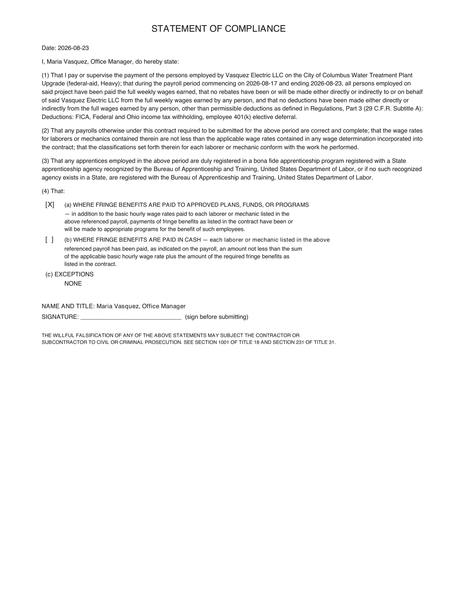Page 2, the Statement of Compliance in the name of Maria Vasquez, office manager, with box 4(a) checked because fringe benefits are paid to approved plans, exceptions none, with the signature line left blank for the contractor.